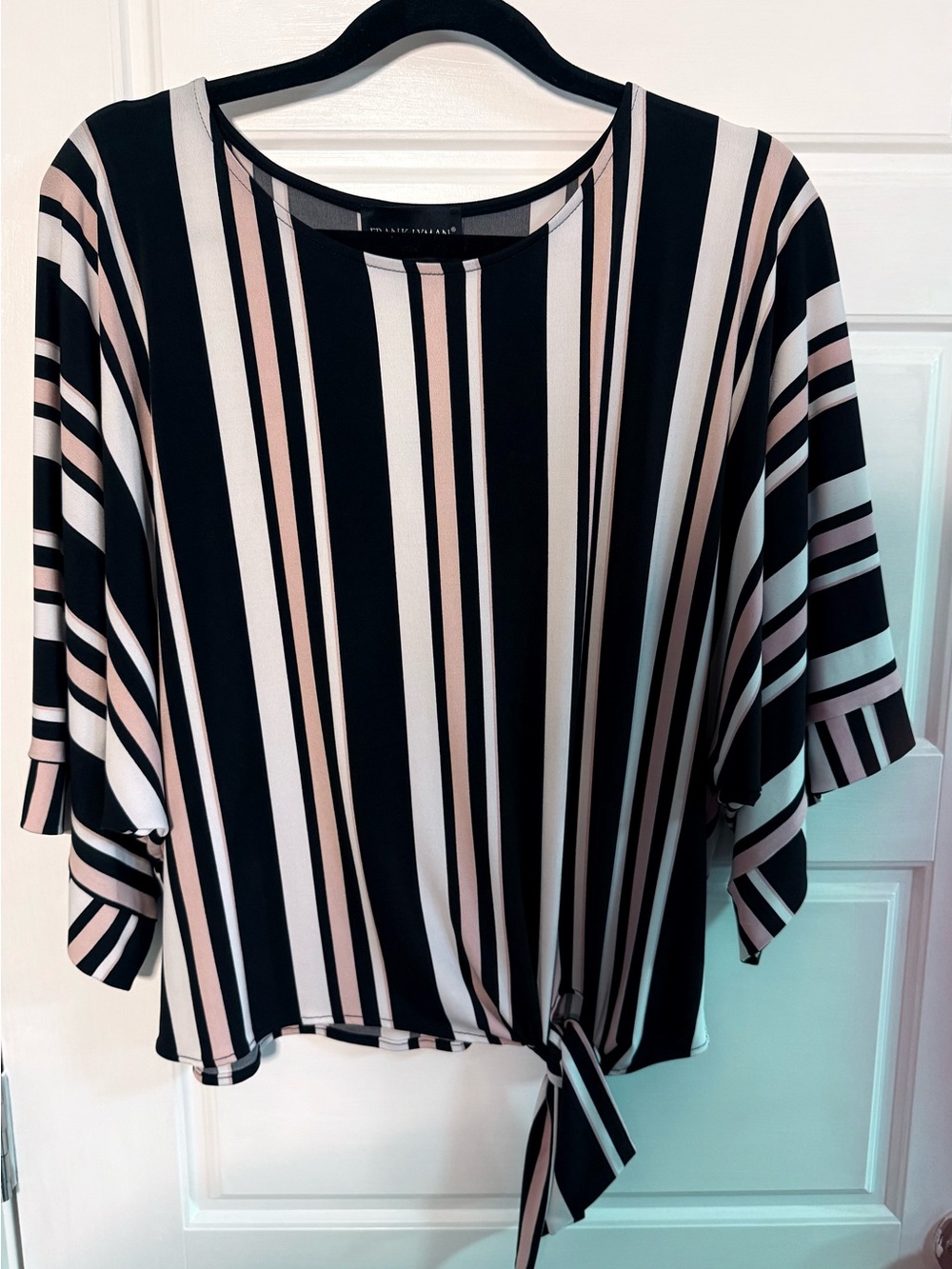 Frank Lyman Design Black and Blush Striped Tie-Front Blouse